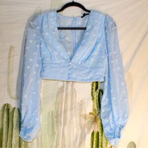 Miss Avenue Long Sleeve Sheer Polka Dot Crop Top in Light Blue🌵Small
